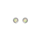 Aura Crystal Opal Studs in Sterling Silver on a white background, featuring sweet Australian Crystal Opals with an engraved halo design.
