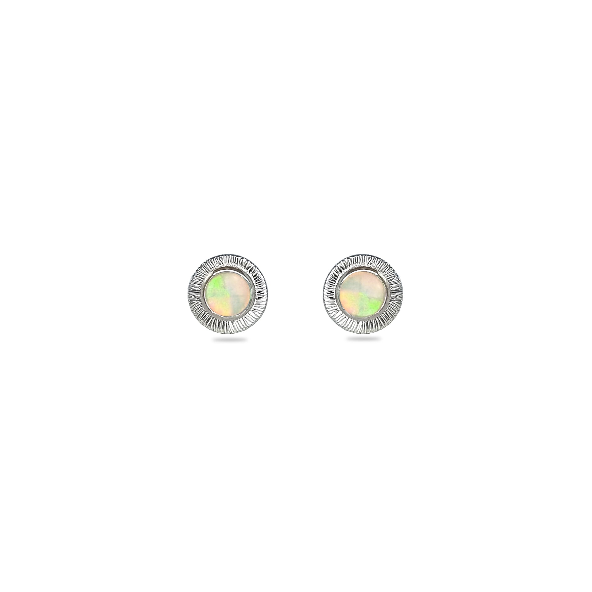 Aura Crystal Opal Studs in Sterling Silver on a white background, featuring sweet Australian Crystal Opals with an engraved halo design.
