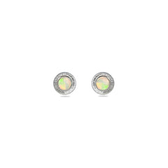 Aura Crystal Opal Studs in Sterling Silver on a white background, featuring sweet Australian Crystal Opals with an engraved halo design.