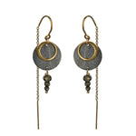 A pair of Zenith II Thread earrings, featuring a geometric design, mixed metals of gold and oxidised silver plus Pyrite gemstones. The earrings are handmade by Emily Eliza Arlotte in Hobart Tasmania from Sterling Silver, 14ct Gold-filled details and Pyrite.