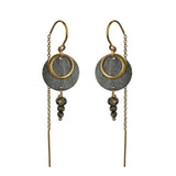 A pair of Zenith II Thread earrings, featuring a geometric design, mixed metals of gold and oxidised silver plus Pyrite gemstones. The earrings are handmade by Emily Eliza Arlotte in Hobart Tasmania from Sterling Silver, 14ct Gold-filled details and Pyrite.