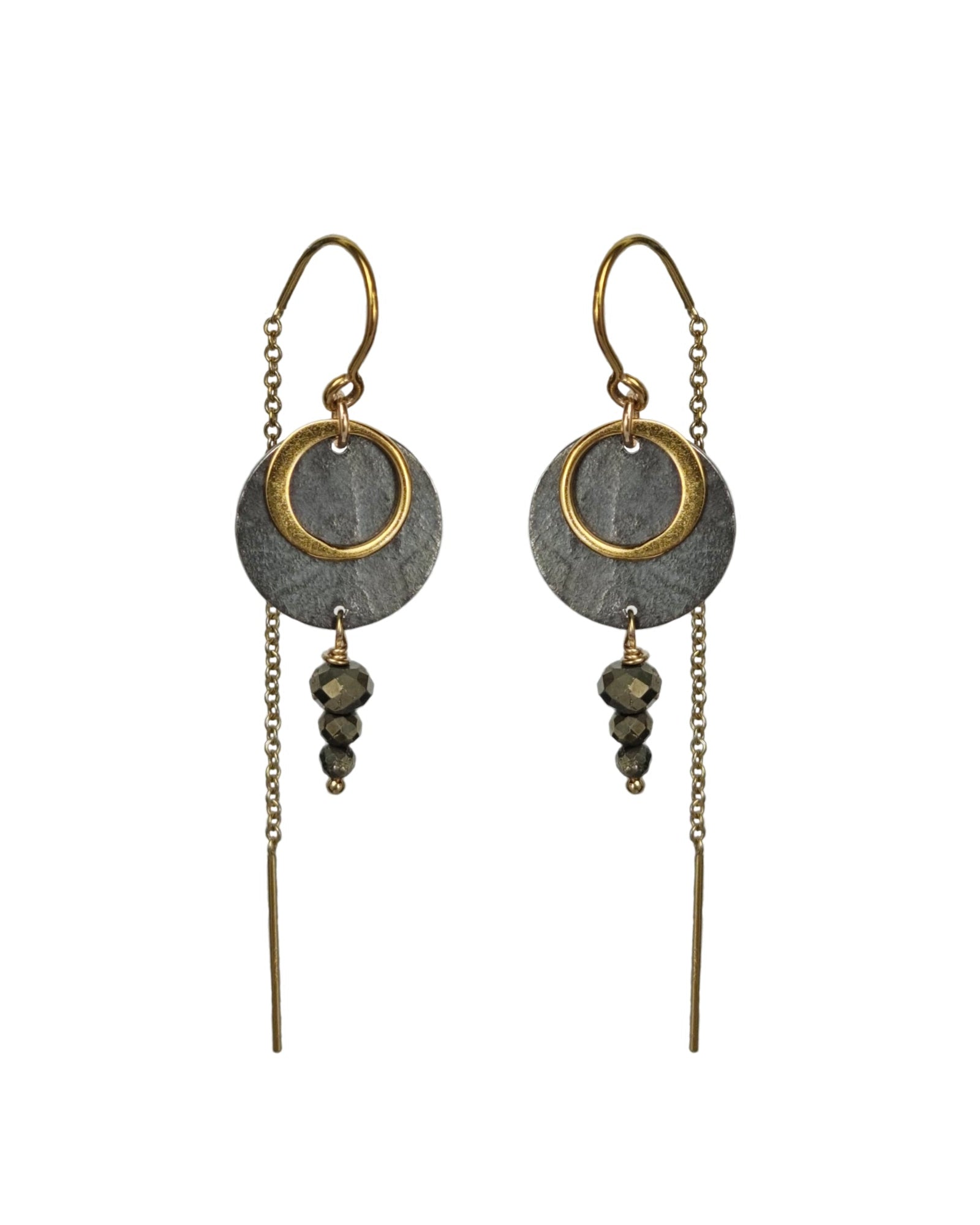 A pair of Zenith II Thread earrings, featuring a geometric design, mixed metals of gold and oxidised silver plus Pyrite gemstones. The earrings are handmade by Emily Eliza Arlotte in Hobart Tasmania from Sterling Silver, 14ct Gold-filled details and Pyrite.