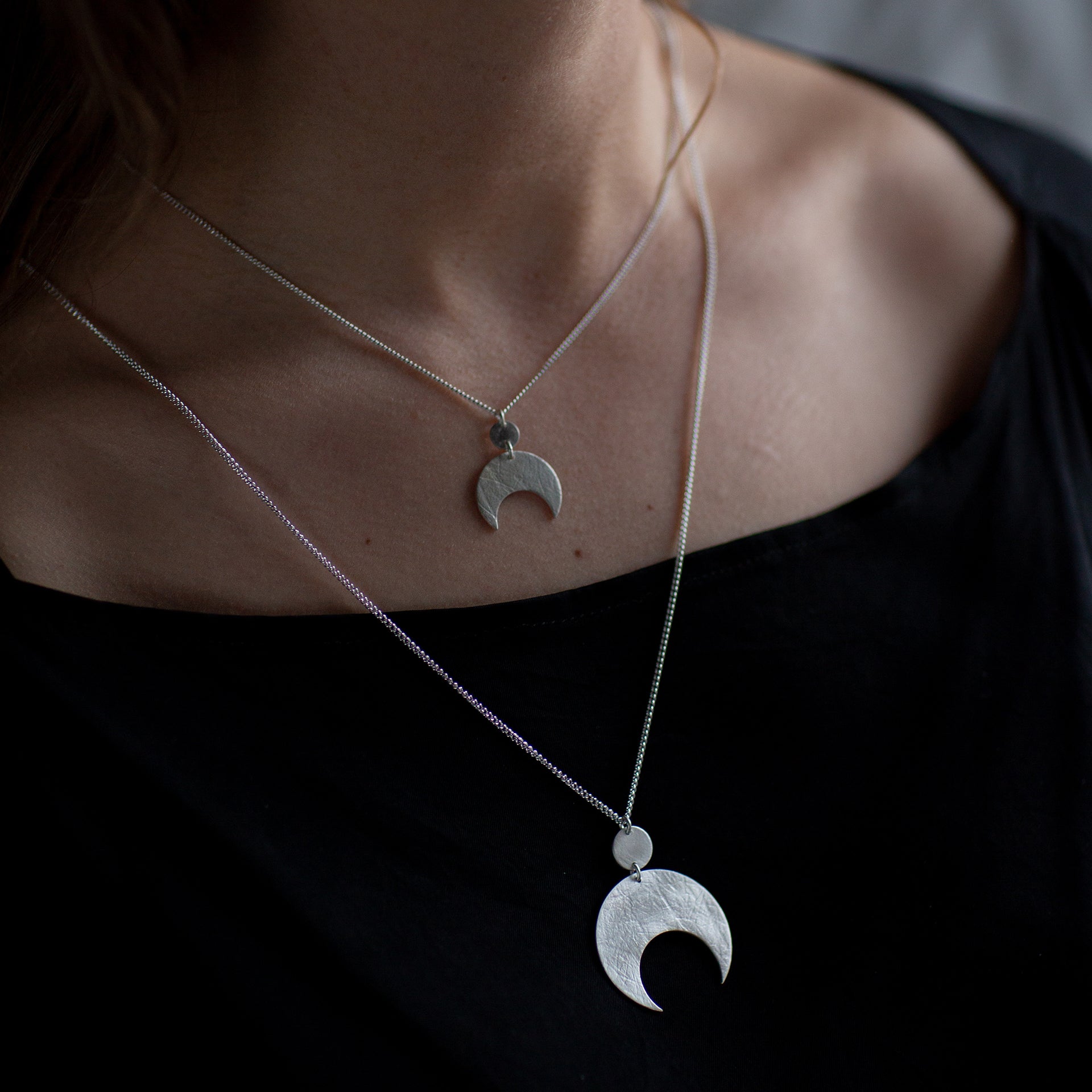 Emily Eliza Arlotte Handcrafted Fine Jewellery - Handmade Australian Tasmanian Jewelry Ethically Made Sustainable Recycled Sterling Silver Charm Necklace Half Moon Crescent Celestial Goddess Pendant Contemporary Dainty Statement Unique Trendy Modern Necklace Boho Bohemian Gypsy Witchy Alternative Style Festival Fashion