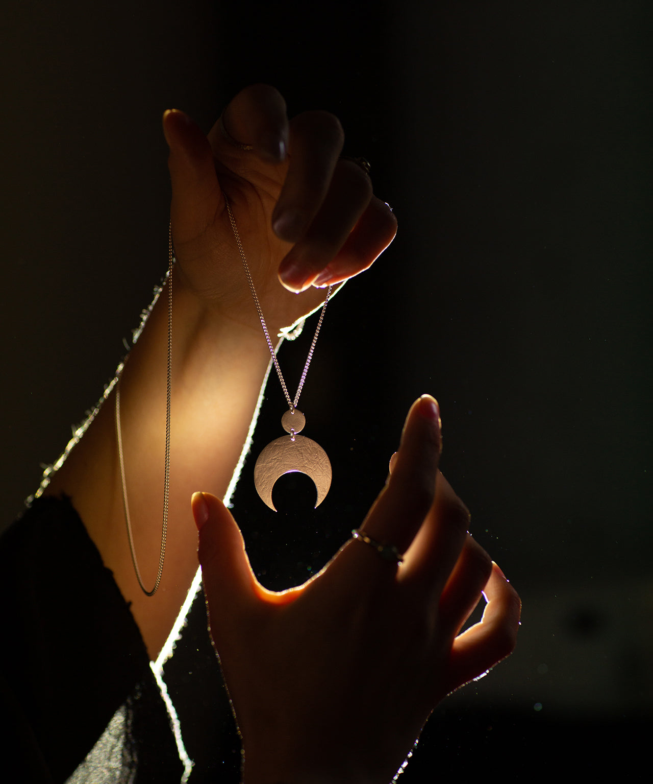 Emily Eliza Arlotte Handcrafted Fine Jewellery - Handmade Australian Tasmanian Jewelry Ethically Made Sustainable Recycled Sterling Silver Charm Necklace Half Moon Crescent Celestial Goddess Pendant Contemporary Dainty Statement Unique Trendy Modern Necklace Boho Bohemian Gypsy Witchy Alternative Style Festival Fashion