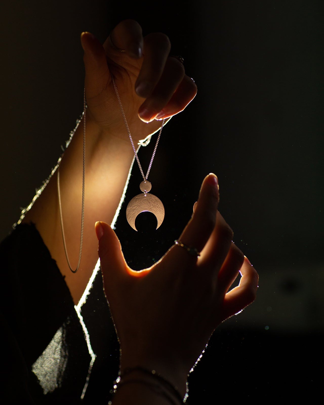 Emily Eliza Arlotte Handcrafted Fine Jewellery - Handmade Australian Tasmanian Jewelry Ethically Made Sustainable Recycled Sterling Silver Charm Necklace Half Moon Crescent Celestial Goddess Pendant Contemporary Dainty Statement Unique Trendy Modern Necklace Boho Bohemian Gypsy Witchy Alternative Style Festival Fashion