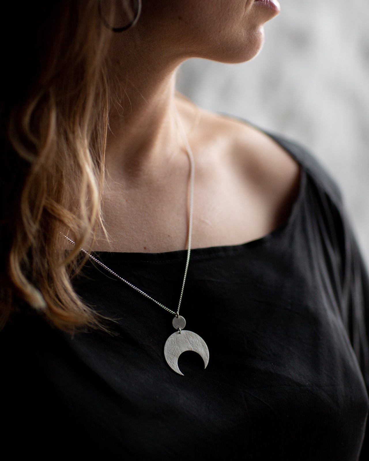 Emily Eliza Arlotte Handcrafted Fine Jewellery - Handmade Australian Tasmanian Jewelry Ethically Made Sustainable Recycled Sterling Silver Charm Necklace Half Moon Crescent Celestial Goddess Pendant Contemporary Dainty Statement Unique Trendy Modern Necklace Boho Bohemian Gypsy Witchy Alternative Style Festival Fashion