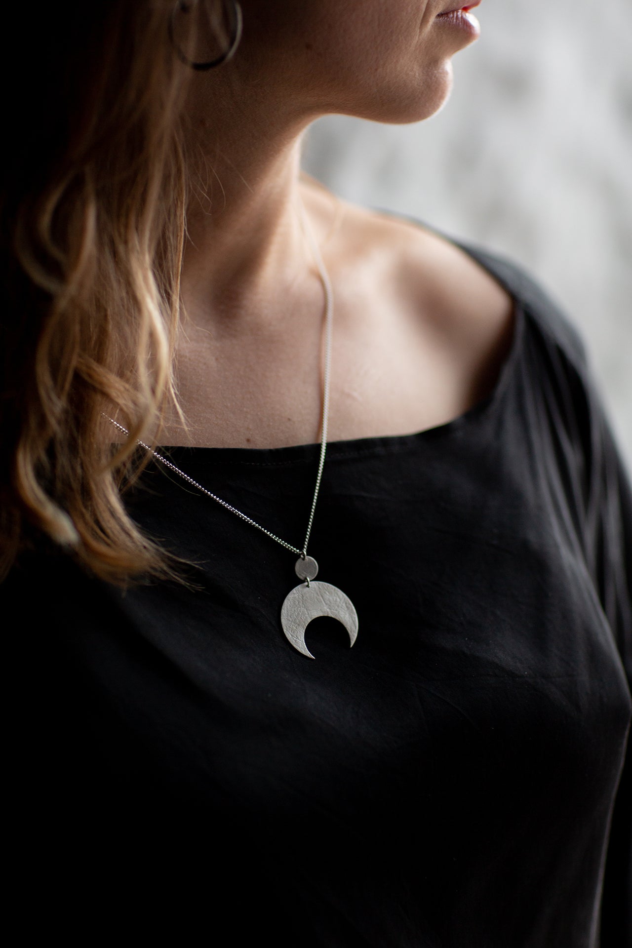 Emily Eliza Arlotte Handcrafted Fine Jewellery - Handmade Australian Tasmanian Jewelry Ethically Made Sustainable Recycled Sterling Silver Charm Necklace Half Moon Crescent Celestial Goddess Pendant Contemporary Dainty Statement Unique Trendy Modern Necklace Boho Bohemian Gypsy Witchy Alternative Style Festival Fashion