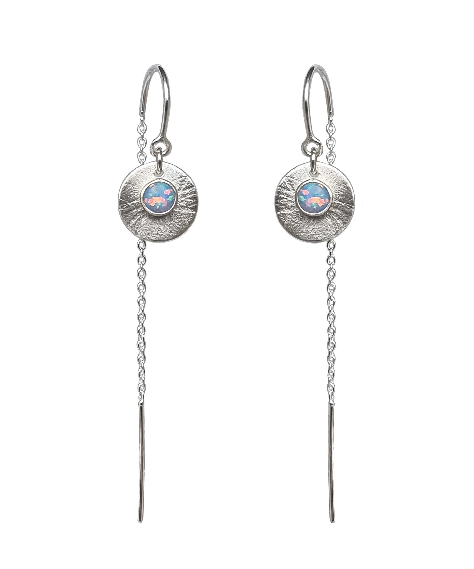 Product photo on a white background of the Galaxy Opal Thread Earrings featuring a light blue gem, handmade by Emily Eliza Arlotte Handcrafted Fine Jewellery in Tasmania, Australia