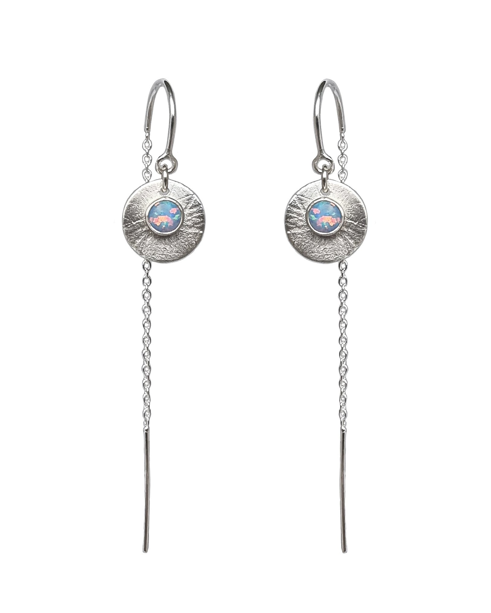 Product photo on a white background of the Galaxy Opal Thread Earrings featuring a light blue gem, handmade by Emily Eliza Arlotte Handcrafted Fine Jewellery in Tasmania, Australia