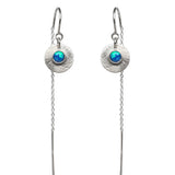 Product photo on a white background of the Galaxy Opal Thread Earrings featuring a bright blue gem, handmade by Emily Eliza Arlotte Handcrafted Fine Jewellery in Tasmania, Australia