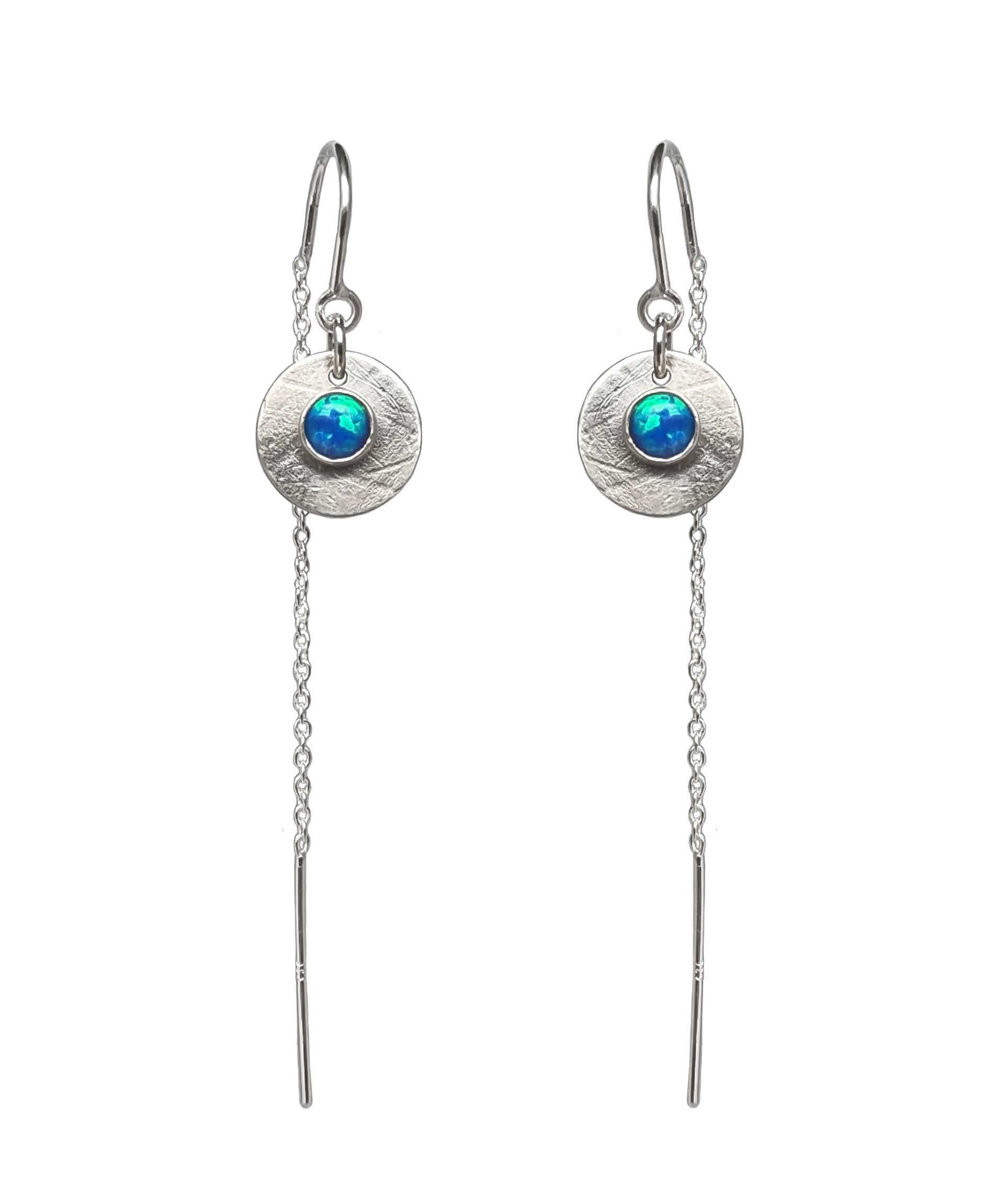 Product photo on a white background of the Galaxy Opal Thread Earrings featuring a bright blue gem, handmade by Emily Eliza Arlotte Handcrafted Fine Jewellery in Tasmania, Australia