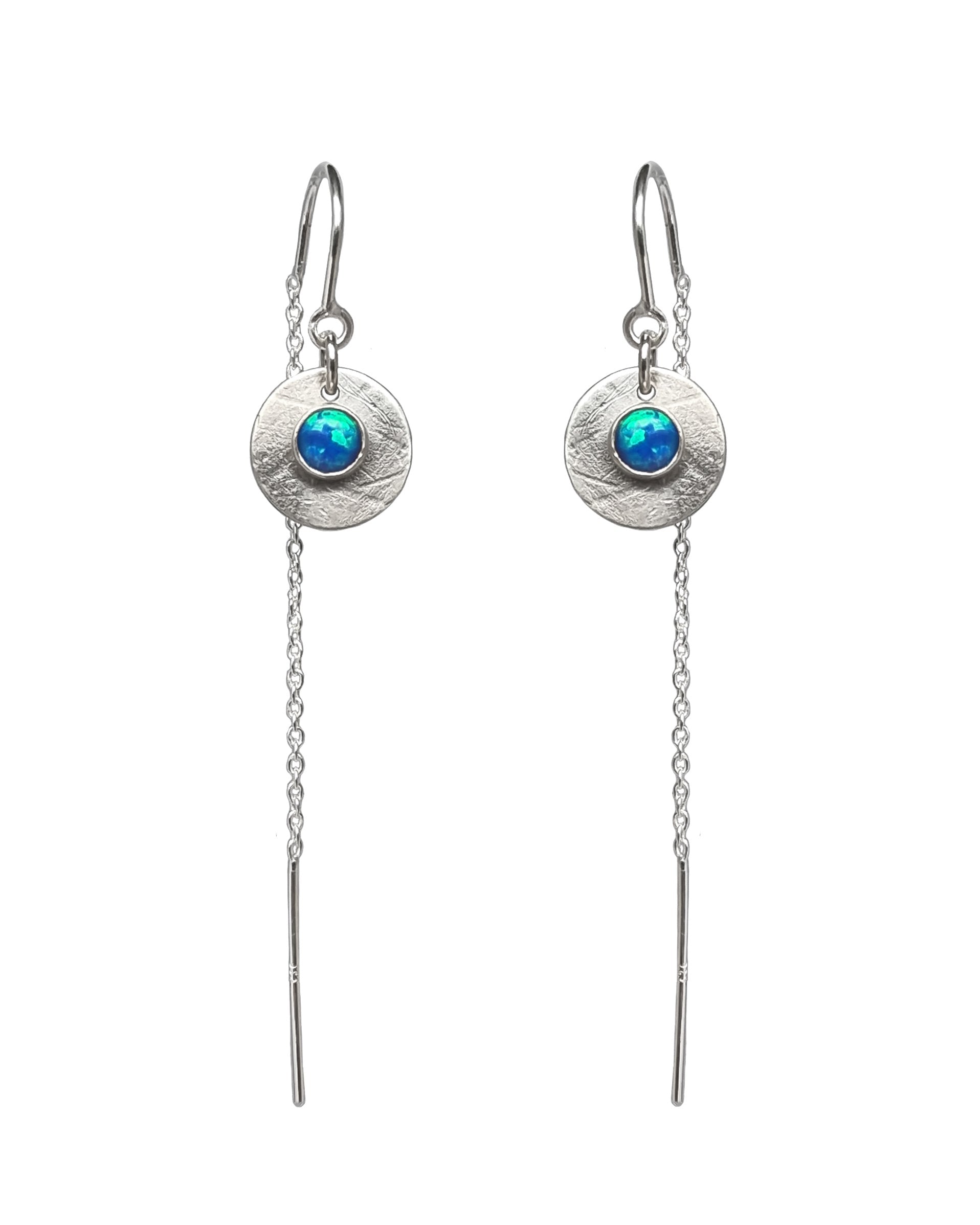 Product photo on a white background of the Galaxy Opal Thread Earrings featuring a bright blue gem, handmade by Emily Eliza Arlotte Handcrafted Fine Jewellery in Tasmania, Australia