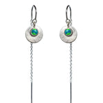 Product photo on a white background of the Galaxy Opal Thread Earrings featuring a bright green gem, handmade by Emily Eliza Arlotte Handcrafted Fine Jewellery in Tasmania, Australia