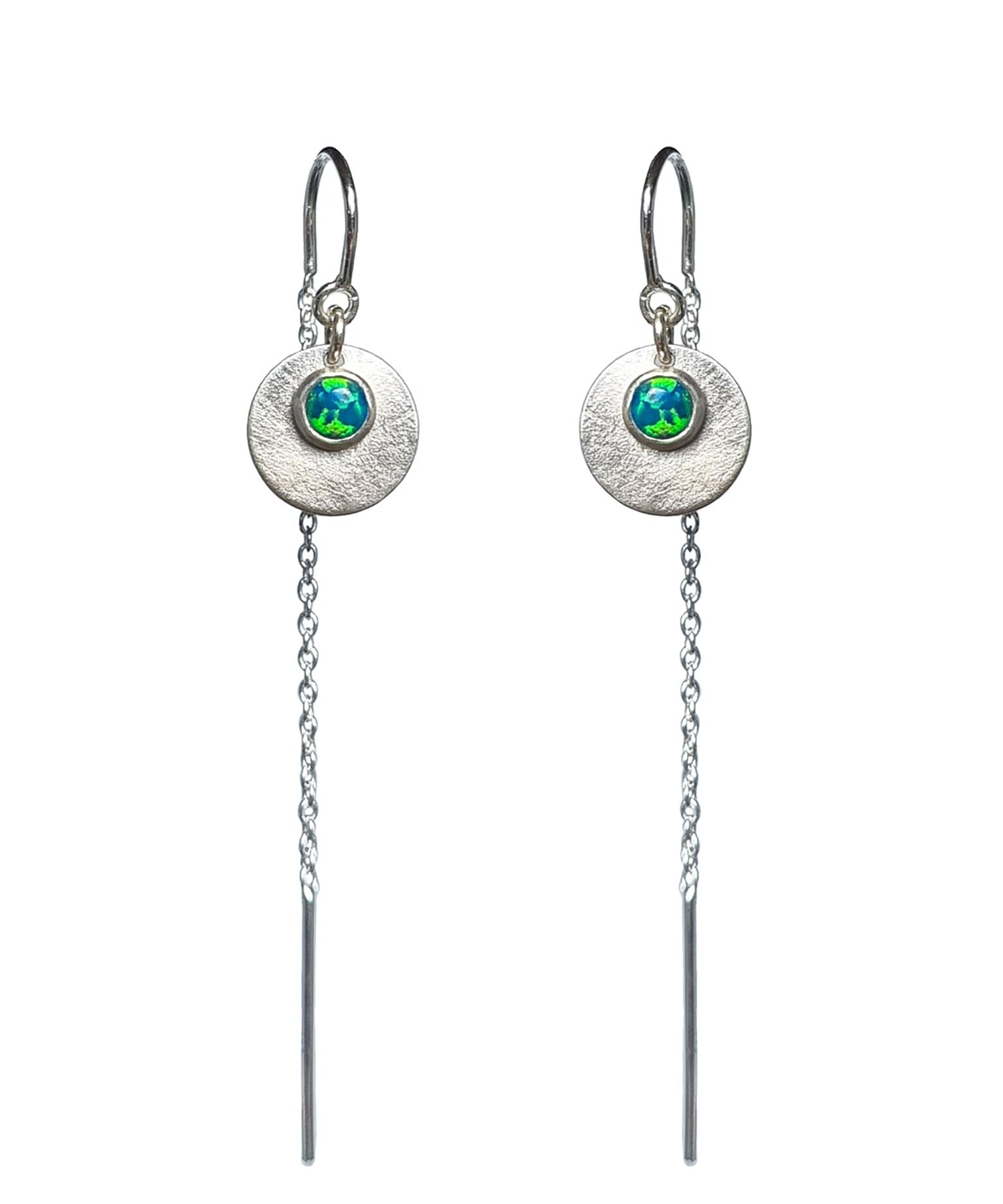 Product photo on a white background of the Galaxy Opal Thread Earrings featuring a bright green gem, handmade by Emily Eliza Arlotte Handcrafted Fine Jewellery in Tasmania, Australia