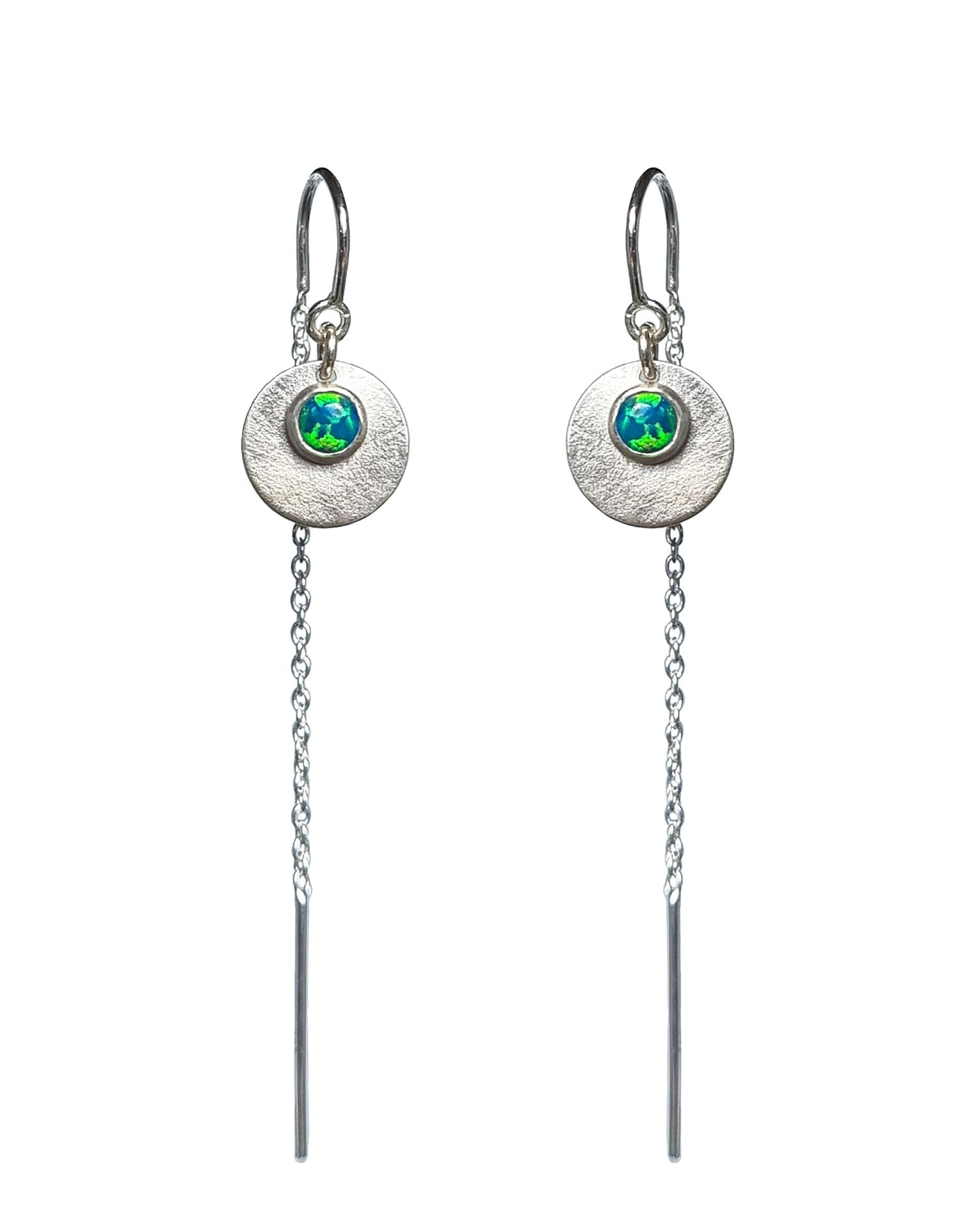 Product photo on a white background of the Galaxy Opal Thread Earrings featuring a bright green gem, handmade by Emily Eliza Arlotte Handcrafted Fine Jewellery in Tasmania, Australia