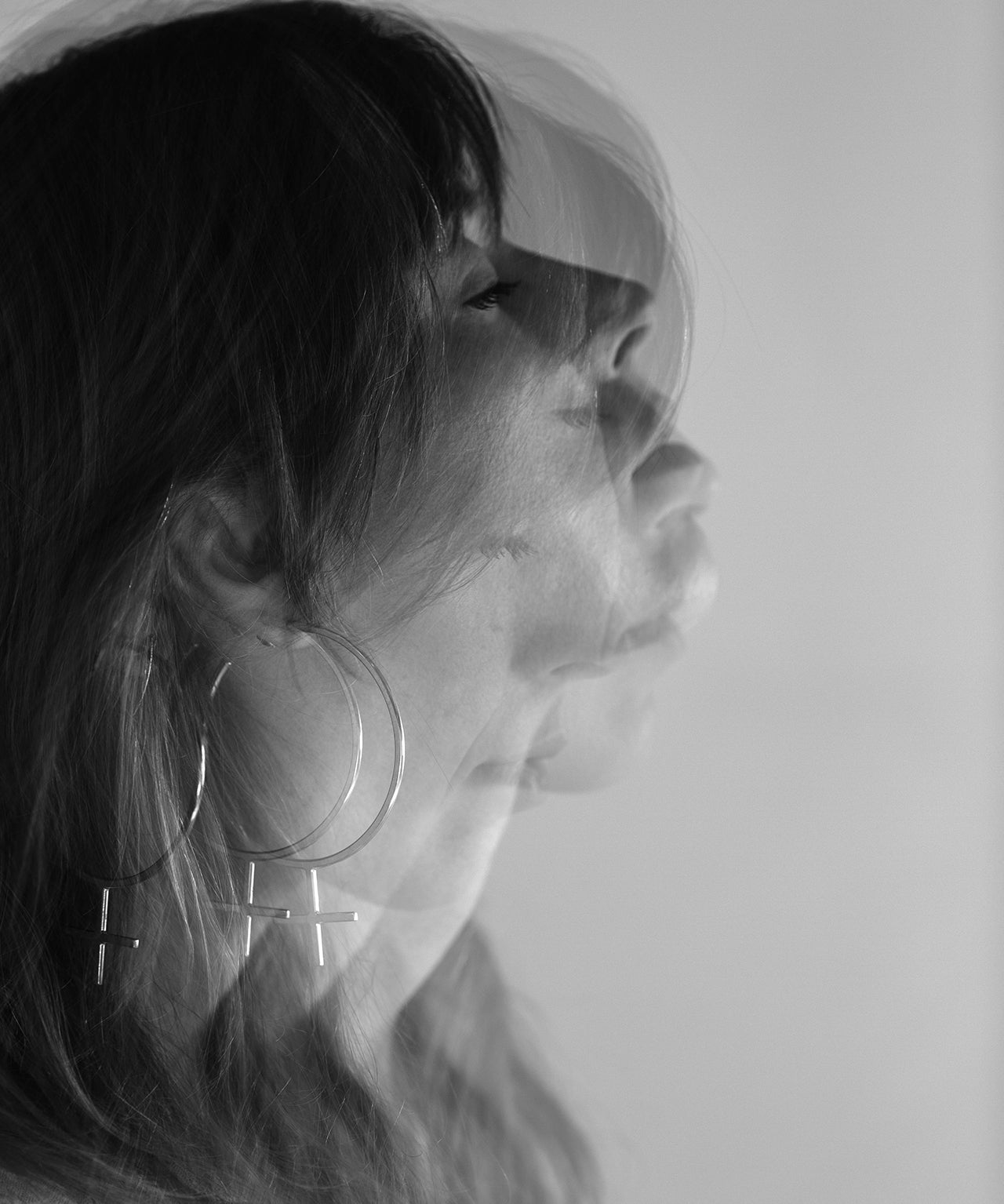 Emily Eliza Arlotte Handcrafted Fine Jewellery - Editorial Photoshoot Cassie Sullivan Photography Model Double Exposure Sterling Silver Venus Symbol Large Oversized Hoop Earrings Feminine Feminism Feminist Female Femme Boho Bohemian Witchy Style Fashion