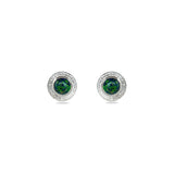 A pair of handmade opal stud earrings by Emily Eliza Arlotte, featuring forest green opals and an engraved textured halo, on a white background.