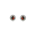 A pair of handmade opal stud earrings by Emily Eliza Arlotte, featuring red and black opals and an engraved textured halo, on a white background.