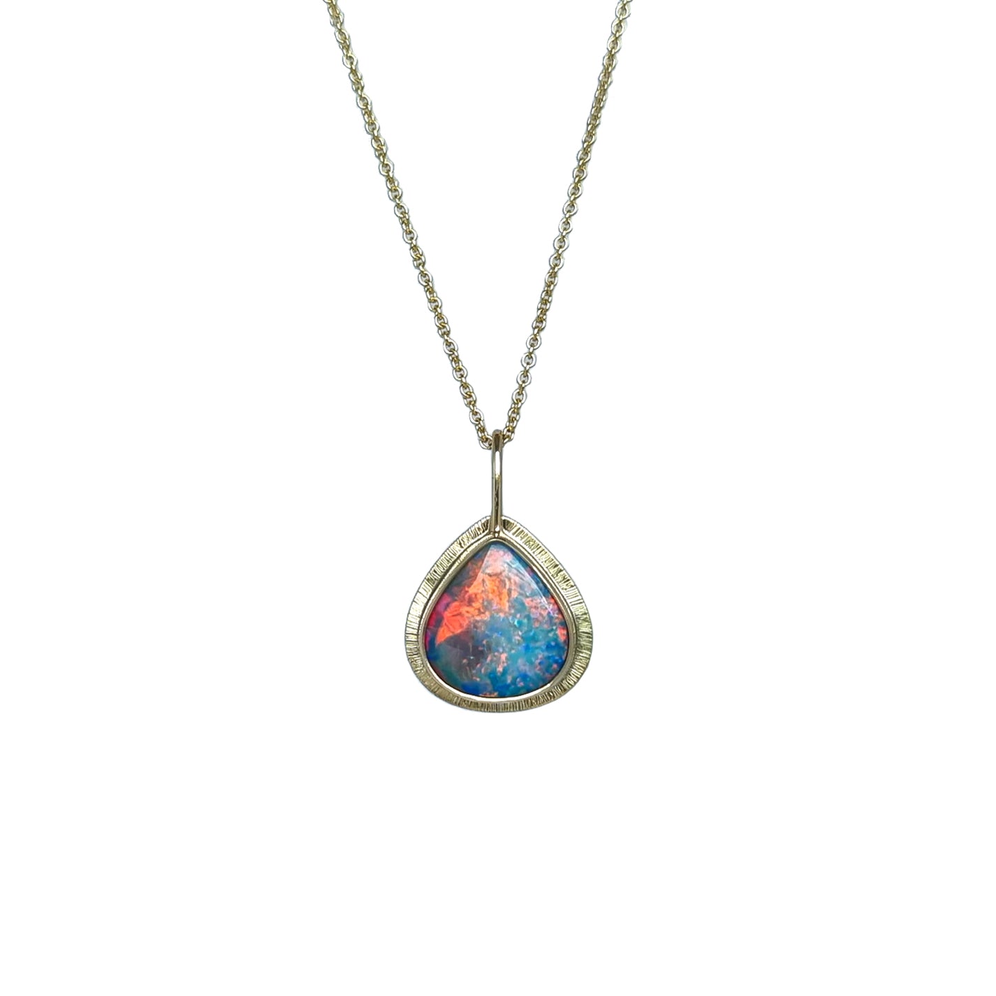 Emily Eliza Arlotte Handcrafted Fine Jewellery - Handmade 9 ct Gold Large Teardrop Opal Doublet Coober Pedy South Australia Orange Blue Green Purple Flashes 14ct Sold Gold Chain Contemporary Design Made in Tasmania 