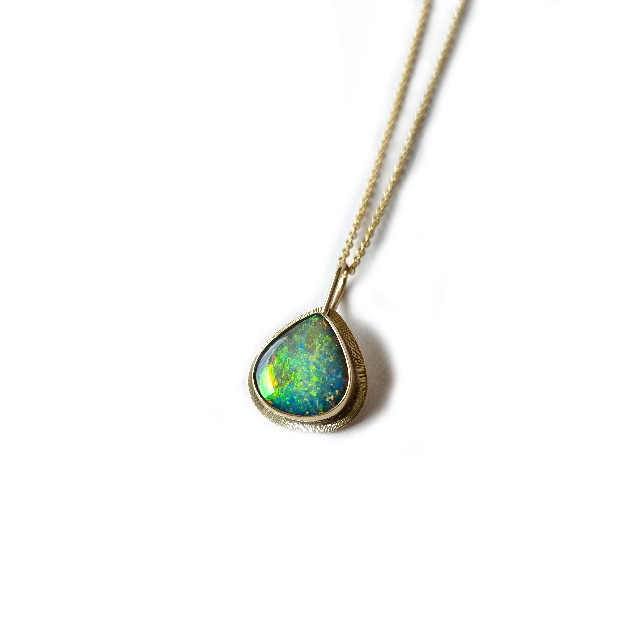 Emily Eliza Arlotte Handcrafted Fine Jewellery - Handmade 9 ct Gold Large Teardrop Opal Doublet Coober Pedy South Australia Orange Blue Green Purple Flashes 14ct Sold Gold Chain Contemporary Design Made in Tasmania 