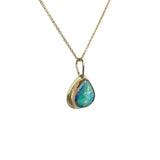 Emily Eliza Arlotte Handcrafted Fine Jewellery - Handmade 9 ct Gold Large Teardrop Opal Doublet Coober Pedy South Australia Orange Blue Green Purple Flashes 14ct Sold Gold Chain Contemporary Design Made in Tasmania 
