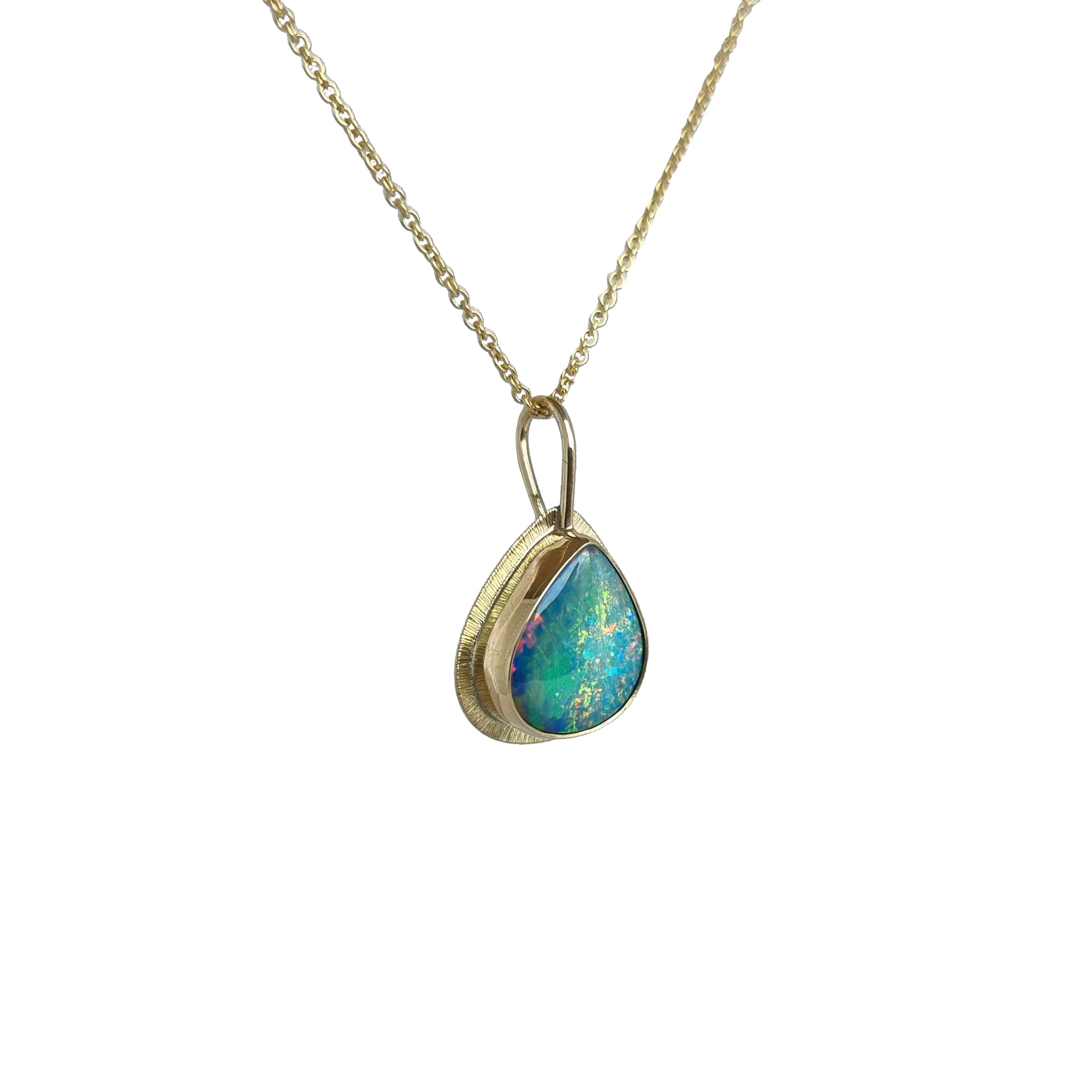 Emily Eliza Arlotte Handcrafted Fine Jewellery - Handmade 9 ct Gold Large Teardrop Opal Doublet Coober Pedy South Australia Orange Blue Green Purple Flashes 14ct Sold Gold Chain Contemporary Design Made in Tasmania 