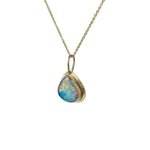 Emily Eliza Arlotte Handcrafted Fine Jewellery - Handmade 9 ct Gold Large Teardrop Opal Doublet Coober Pedy South Australia Orange Blue Green Purple Flashes 14ct Sold Gold Chain Contemporary Design Made in Tasmania 