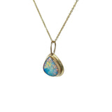 Emily Eliza Arlotte Handcrafted Fine Jewellery - Handmade 9 ct Gold Large Teardrop Opal Doublet Coober Pedy South Australia Orange Blue Green Purple Flashes 14ct Sold Gold Chain Contemporary Design Made in Tasmania 