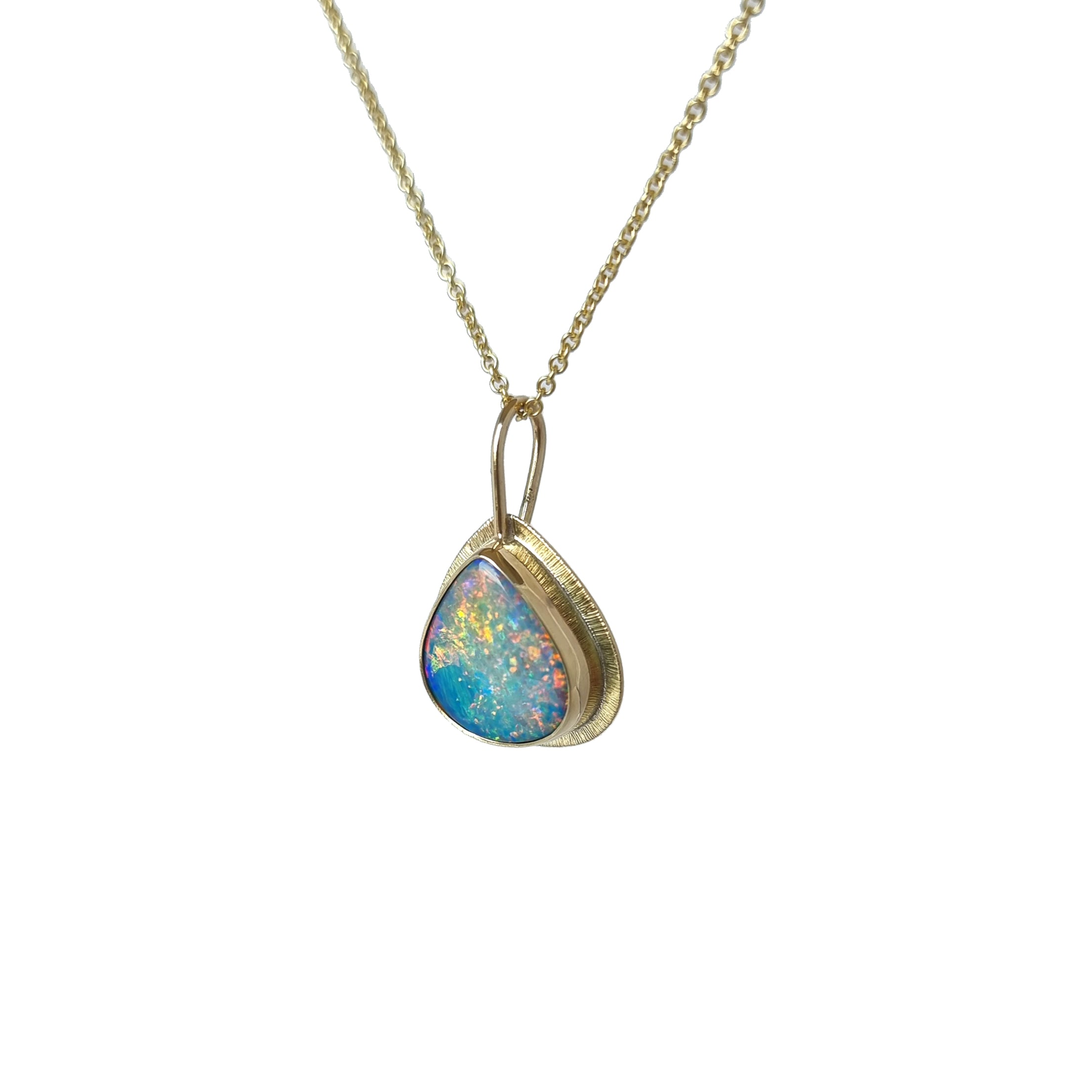 Emily Eliza Arlotte Handcrafted Fine Jewellery - Handmade 9 ct Gold Large Teardrop Opal Doublet Coober Pedy South Australia Orange Blue Green Purple Flashes 14ct Sold Gold Chain Contemporary Design Made in Tasmania 