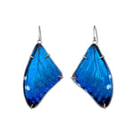 A pair of real butterly wing earrings set as earrings in solid sterling silver and solid gold. They are from the Morpho Marcus butterfly and are a bright, irridescent blue. The earrings are photographed on a studio white background.