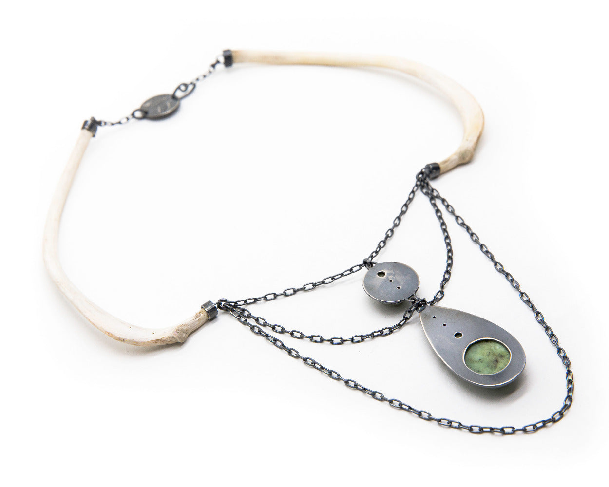 Emily Eliza Arlotte Handcrafted fine Jewellery - Eventide Necklace Neckpiece Contemporary Handmade Wallaby Bones Tasmanian Buttongrass Jade Sterling Silver Natural Wearable Art Witchy Boho Tribal 