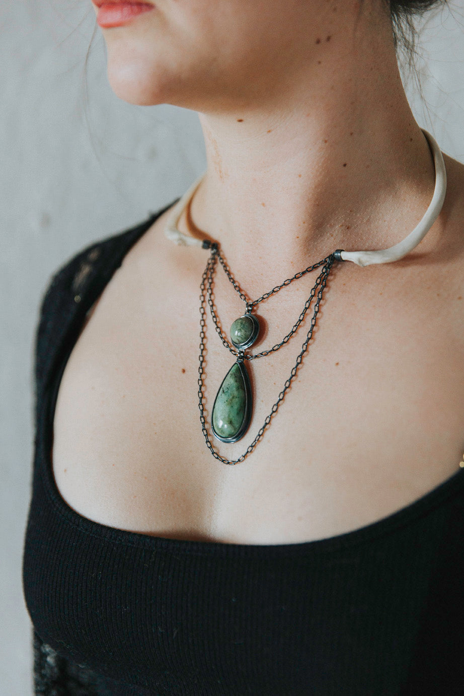 Emily Eliza Arlotte Handcrafted fine Jewellery - Eventide Necklace Neckpiece Contemporary Handmade Wallaby Bones Tasmanian Buttongrass Jade Sterling Silver Natural Wearable Art Witchy Boho Tribal 