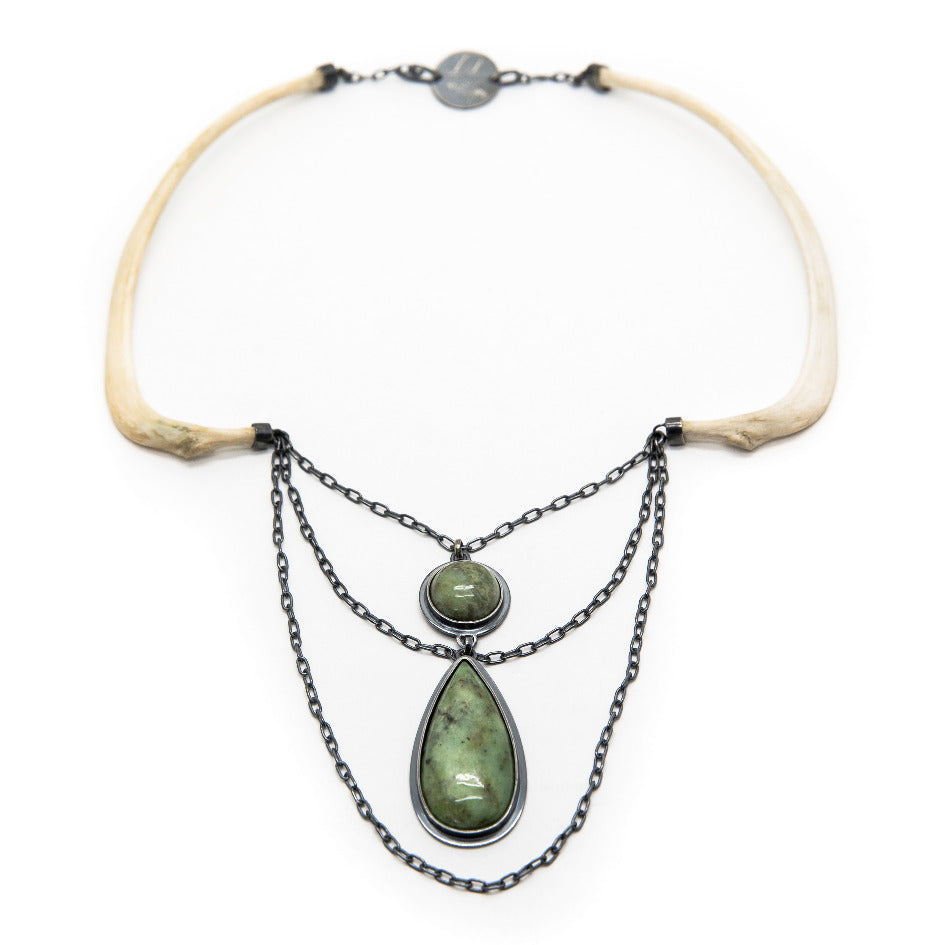 Emily Eliza Arlotte Handcrafted fine Jewellery - Eventide Necklace Neckpiece Contemporary Handmade Wallaby Bones Tasmanian Buttongrass Jade Sterling Silver Natural Wearable Art Witchy Boho Tribal 
