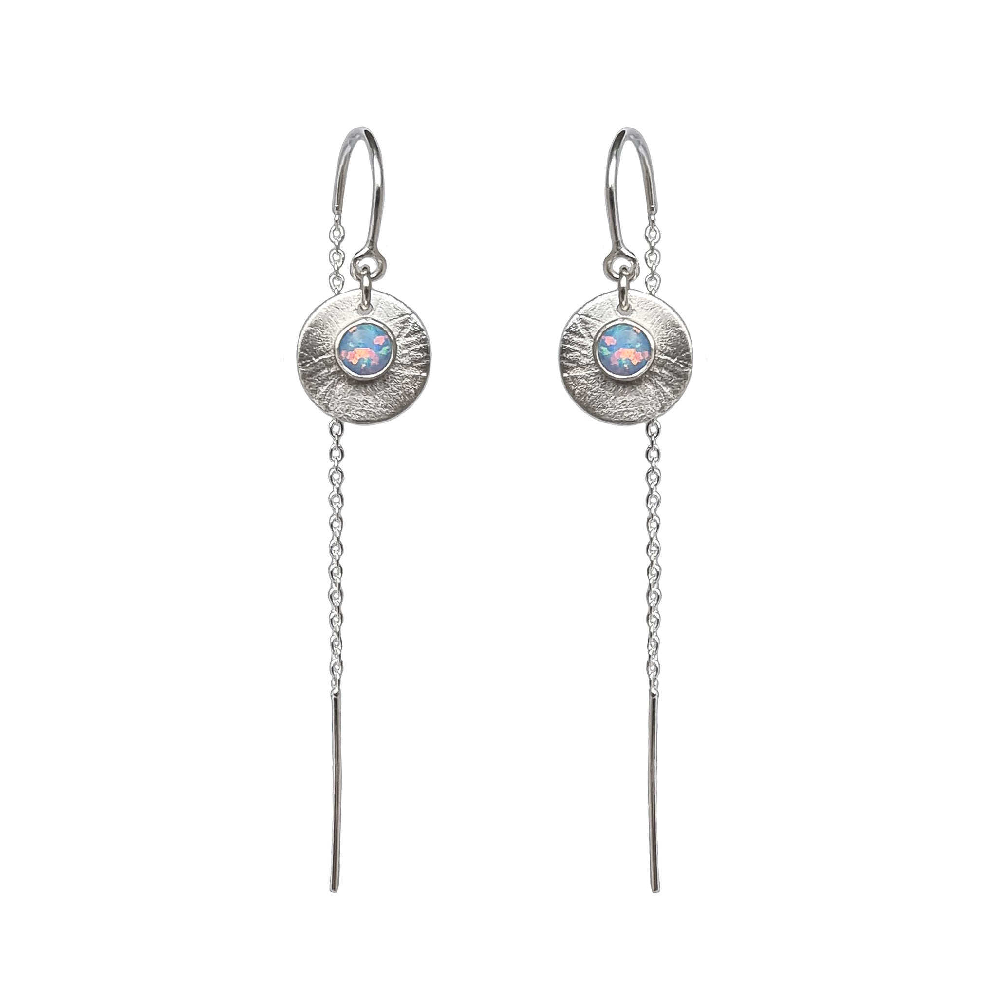 Product photo on a white background of the Galaxy Opal Thread Earrings, handmade by Emily Eliza Arlotte Handcrafted Fine Jewellery in Tasmania, Australia
