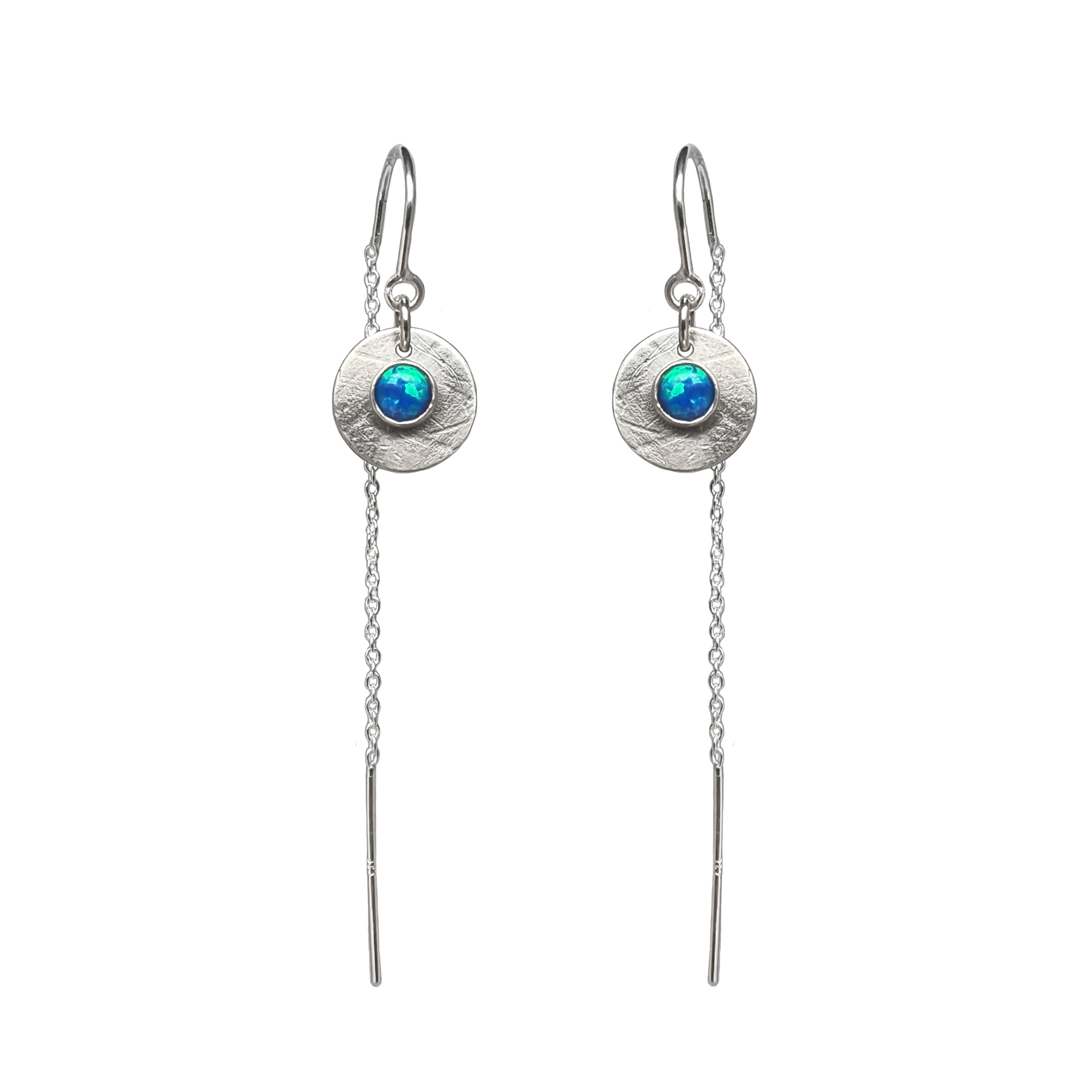 Product photo on a white background of the Galaxy Opal Thread Earrings, handmade by Emily Eliza Arlotte Handcrafted Fine Jewellery in Tasmania, Australia