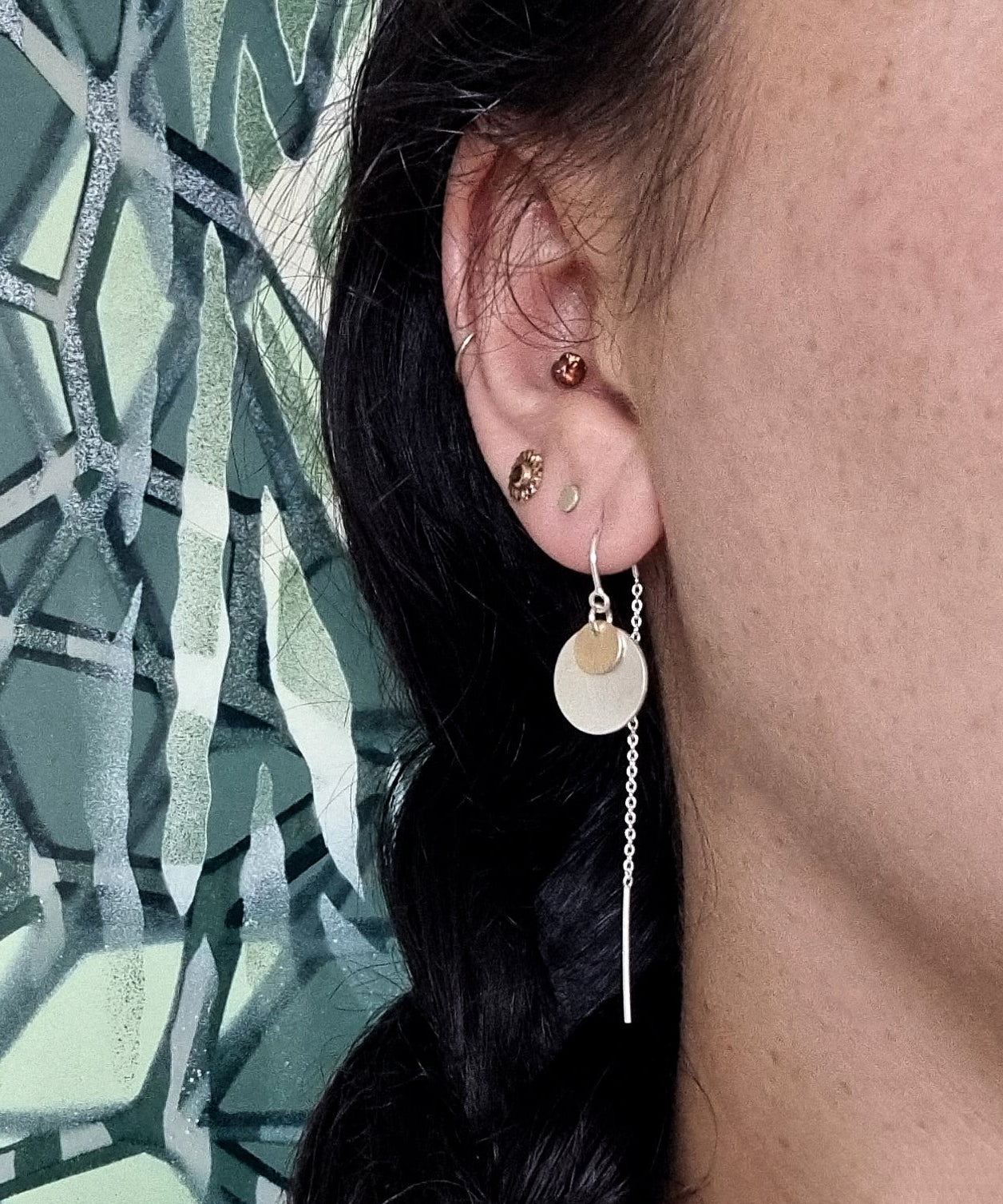 Solar Thread Earrings worn — handmade mixed metal threader earrings in gold and silver