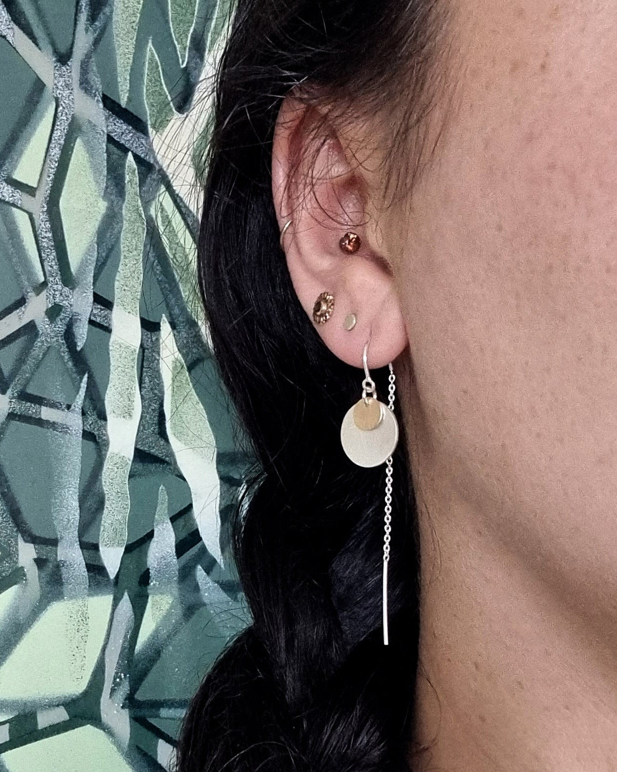 Solar Thread Earrings worn — handmade mixed metal threader earrings in gold and silver