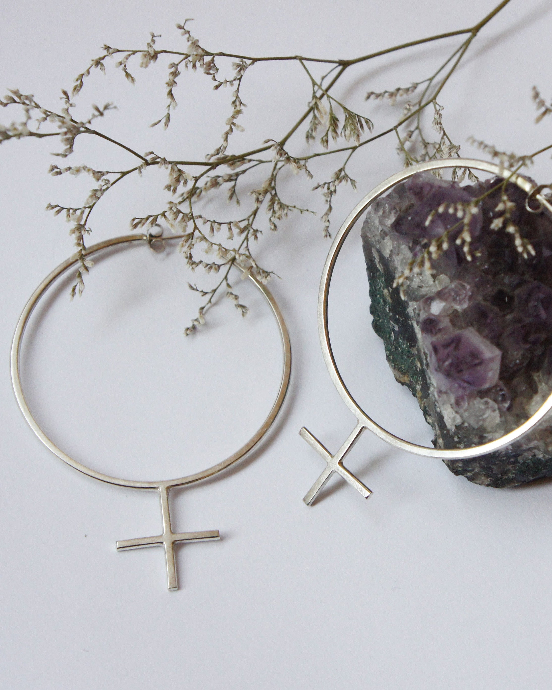 Emily Eliza Arlotte Handcrafted Fine Jewellery - Sterling Silver Venus Symbol Large Oversized Hoop Earrings Feminine Feminism Feminist Female Femme Boho Bohemian Witchy Style Fashion