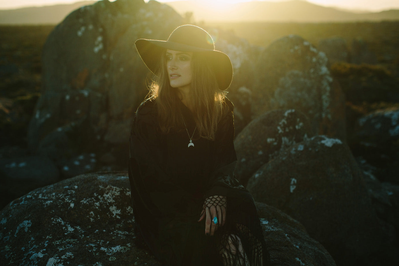 Emily Eliza Arlotte Handcrafted Fine Jewellery - Sterling Silver Crescent Moon Goddess Necklace Long Girl Wide Brim Hat Kimono Black Lace Sunset Mountain Witchy Dark Hair Boho Bohemian Style Fashion