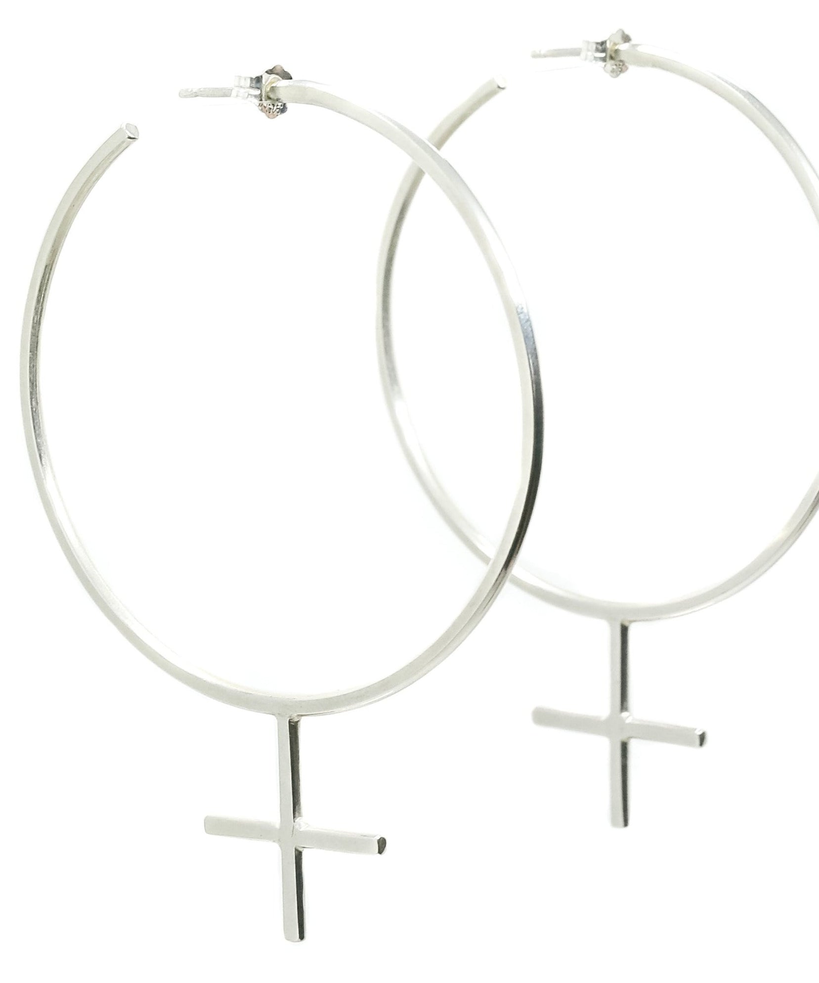 Emily Eliza Arlotte Handcrafted Fine Jewellery - Sterling Silver Venus Symbol Large Oversized Hoop Earrings Feminine Feminism Feminist Female Femme Boho Bohemian Witchy Style Fashion