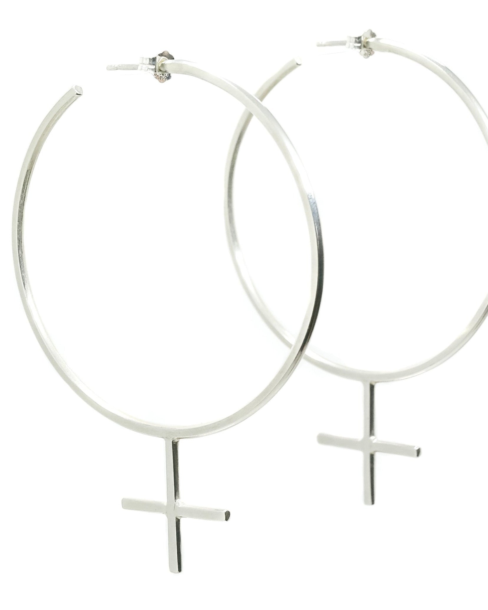 Emily Eliza Arlotte Handcrafted Fine Jewellery - Sterling Silver Venus Symbol Large Oversized Hoop Earrings Feminine Feminism Feminist Female Femme Boho Bohemian Witchy Style Fashion