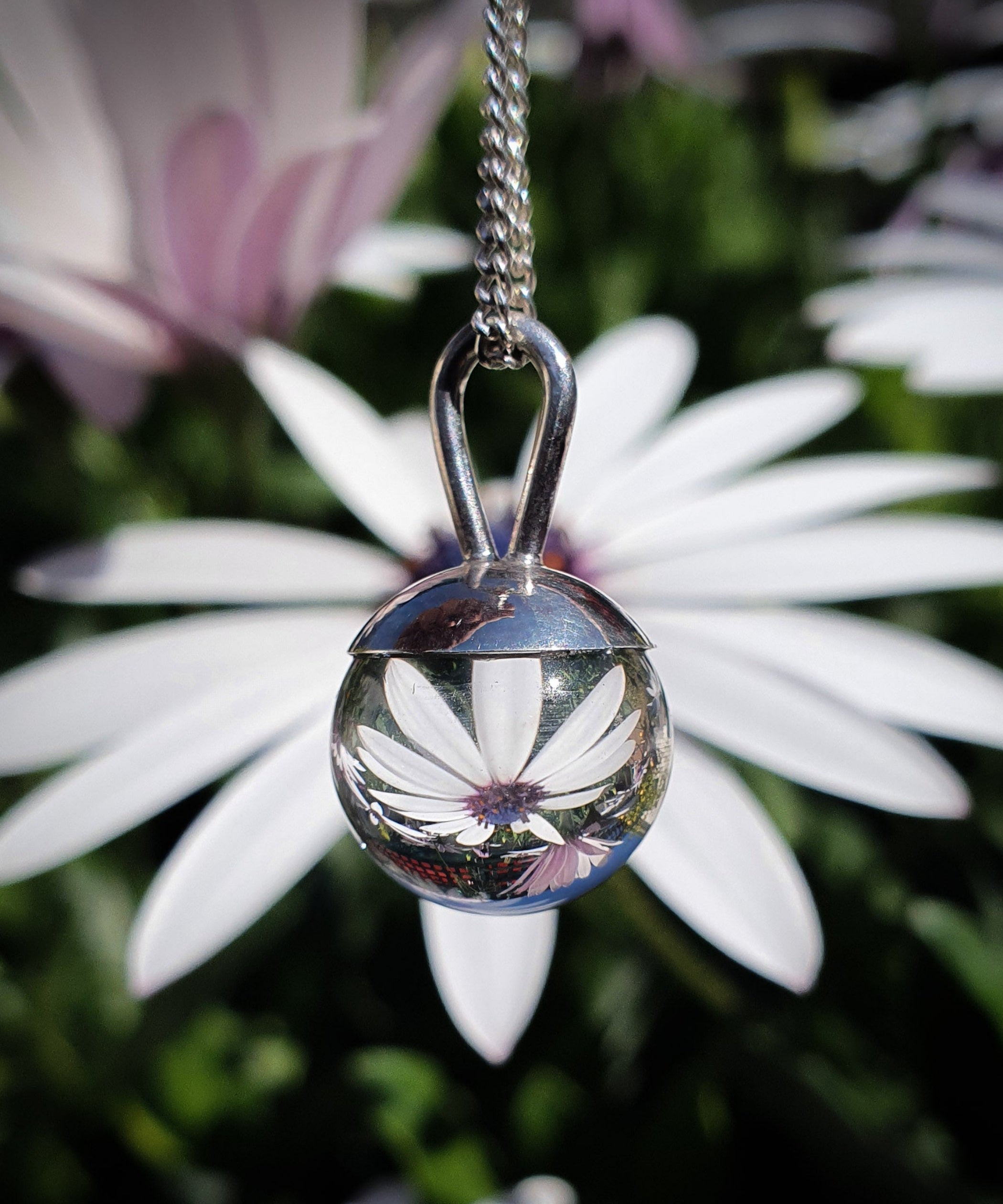 The Divination Orb Necklace hangs in front of a flower garden, reflecting and inverting the image of a white daisy. The sterling silver pendant necklace features a quartz crystal ball, and is handmade by Emily Eliza Arlotte in Hobart, Tasmania.