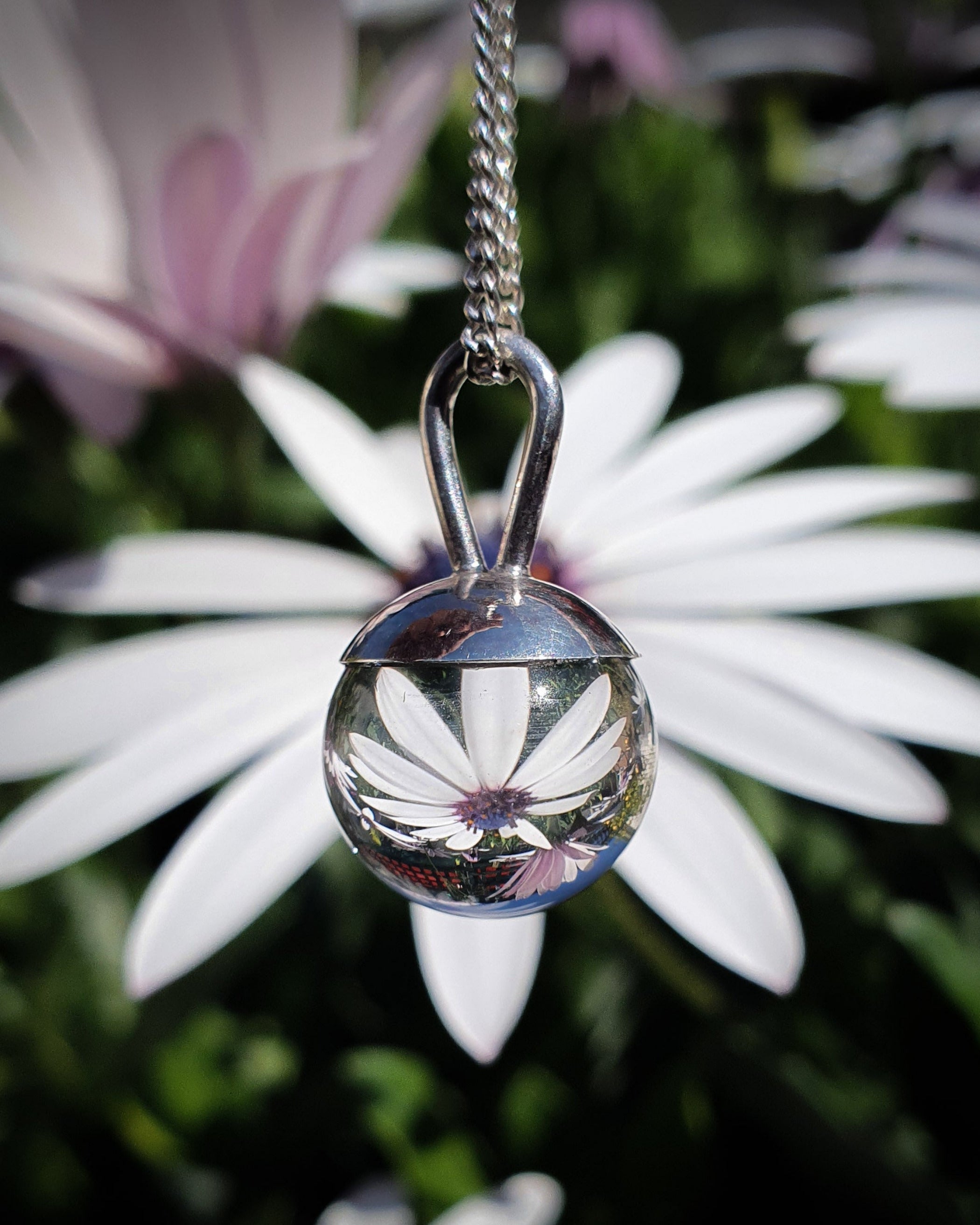 The Divination Orb Necklace hangs in front of a flower garden, reflecting and inverting the image of a white daisy. The sterling silver pendant necklace features a quartz crystal ball, and is handmade by Emily Eliza Arlotte in Hobart, Tasmania.