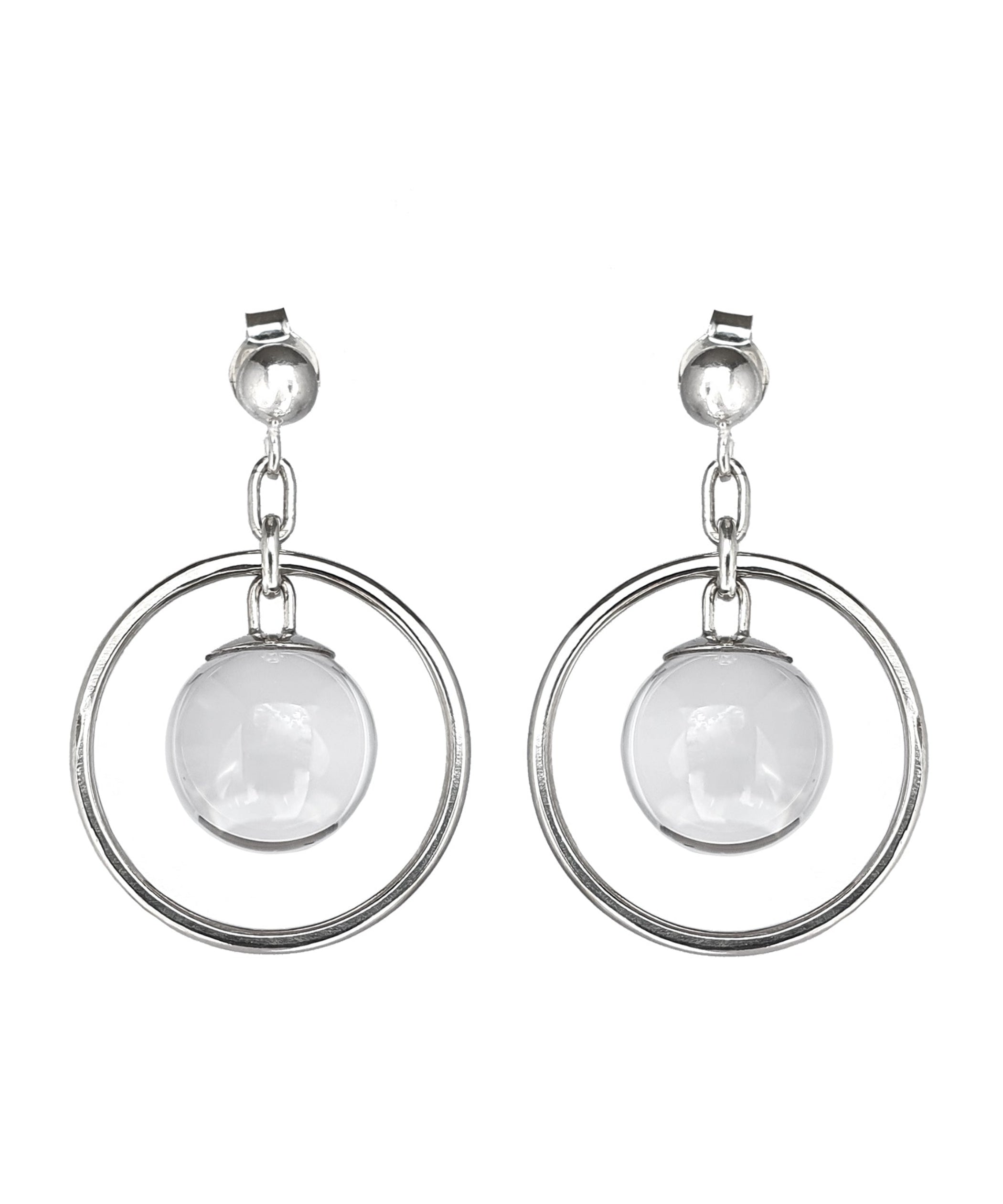 The Divination Stud Earrings in Sterling Silver featuring a Quartz Crystal Ball in inside a hoop design. Set on a white background.