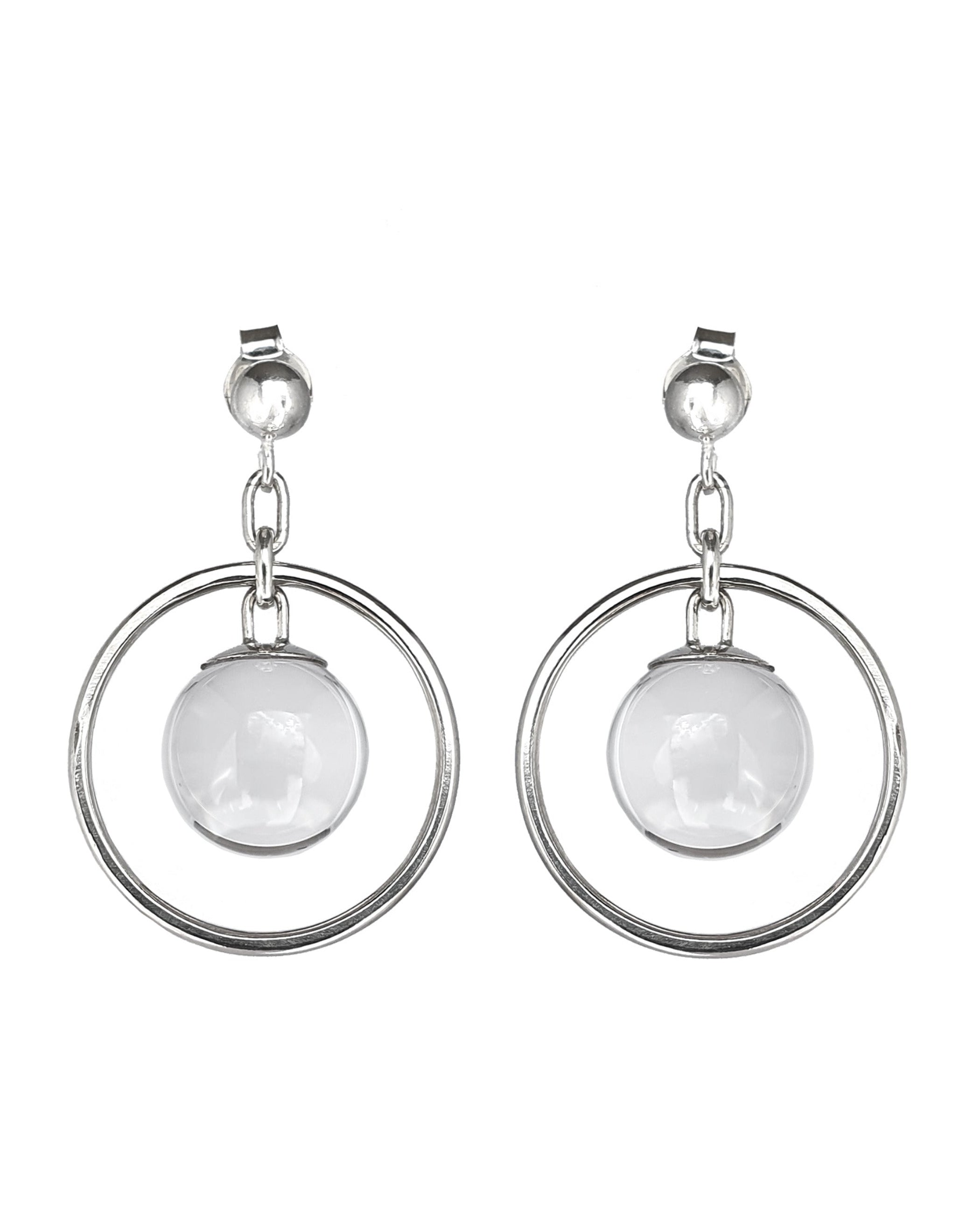 The Divination Stud Earrings in Sterling Silver featuring a Quartz Crystal Ball in inside a hoop design. Set on a white background.