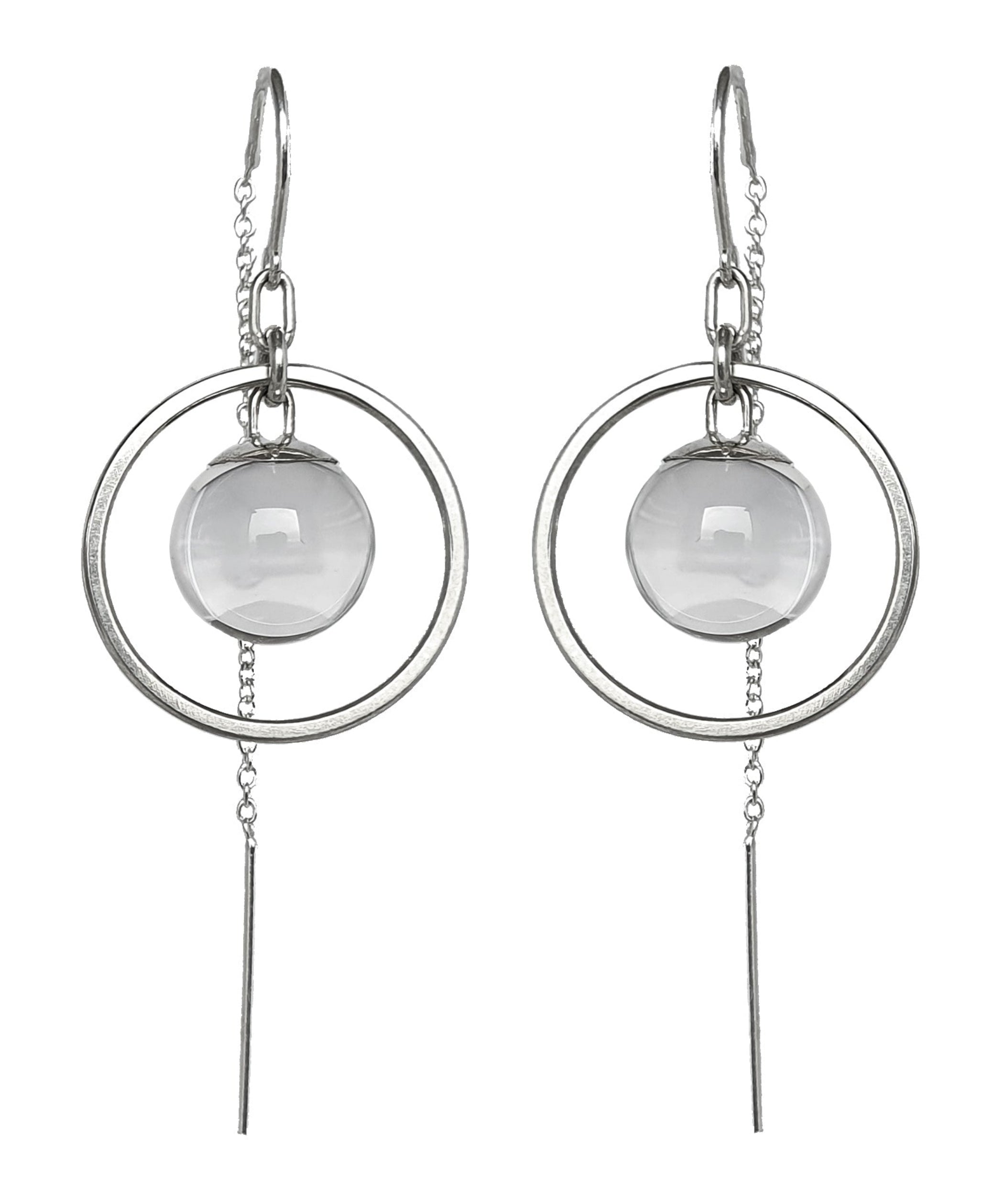 Divination Thread Earrings handmade by Emily Eliza Arlotte in Hobart, Tasmania. The Sterling Silver earrings featuring a quartz crystal ball and reminiscent of Pools of Light Jewellery.