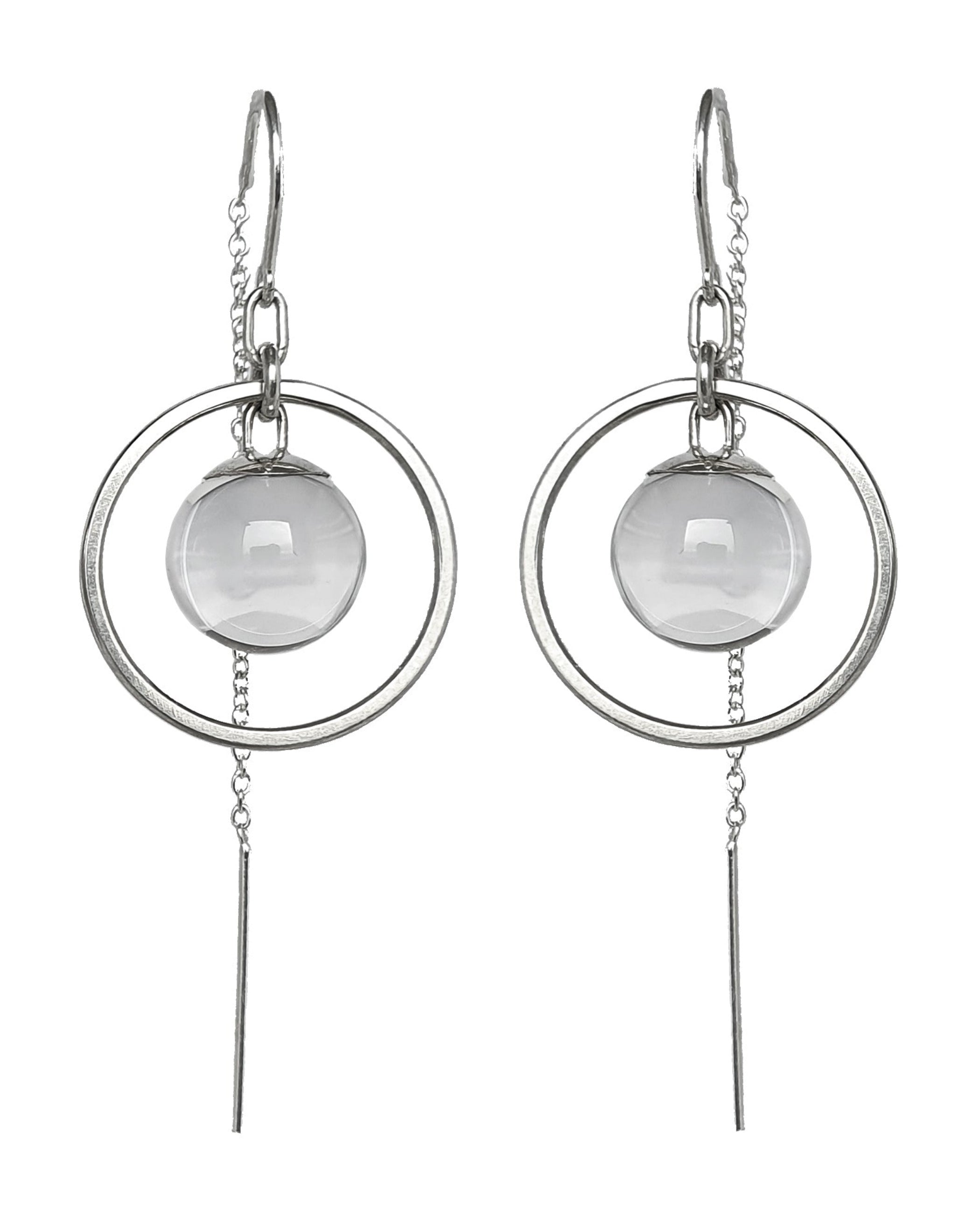 Divination Thread Earrings handmade by Emily Eliza Arlotte in Hobart, Tasmania. The Sterling Silver earrings featuring a quartz crystal ball and reminiscent of Pools of Light Jewellery.