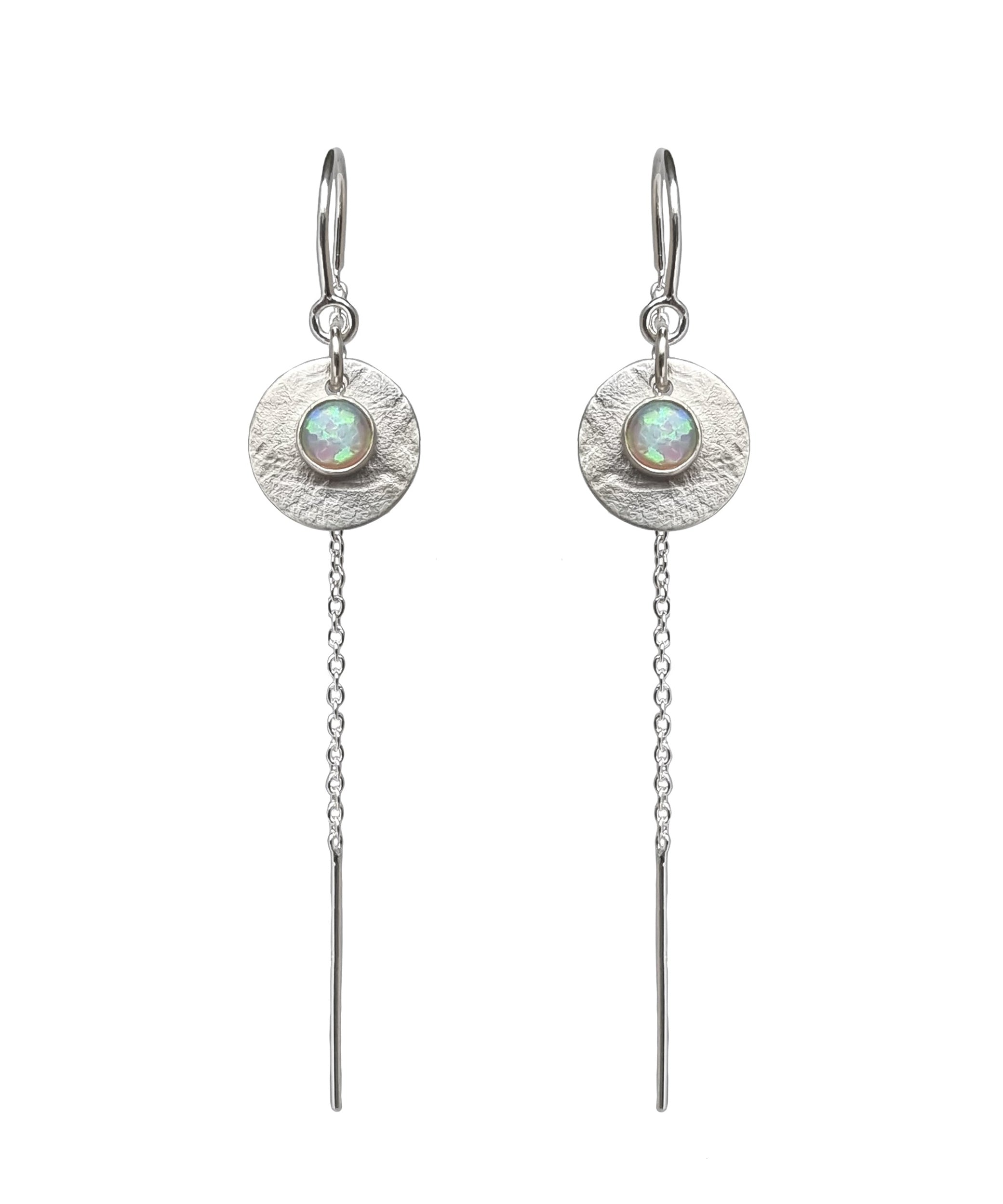 Product photo on a white background of the Galaxy Opal Thread Earrings, handmade by Emily Eliza Arlotte featuring an opalescent gem. Handcrafted Fine Jewellery in Tasmania, Australia