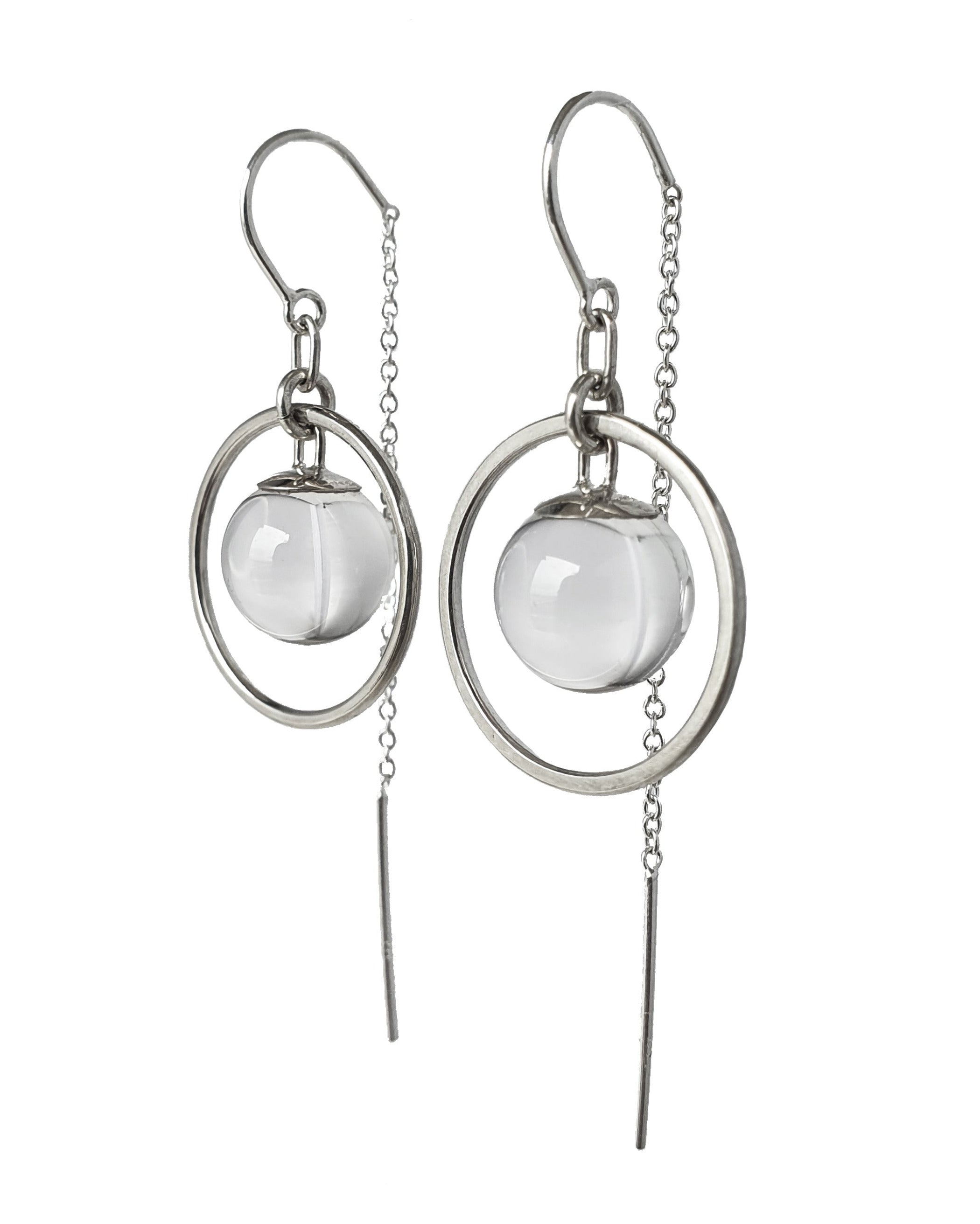 A side view of the Sterling Silver Divination Quartz Sphere thread Earrings, on a white background.